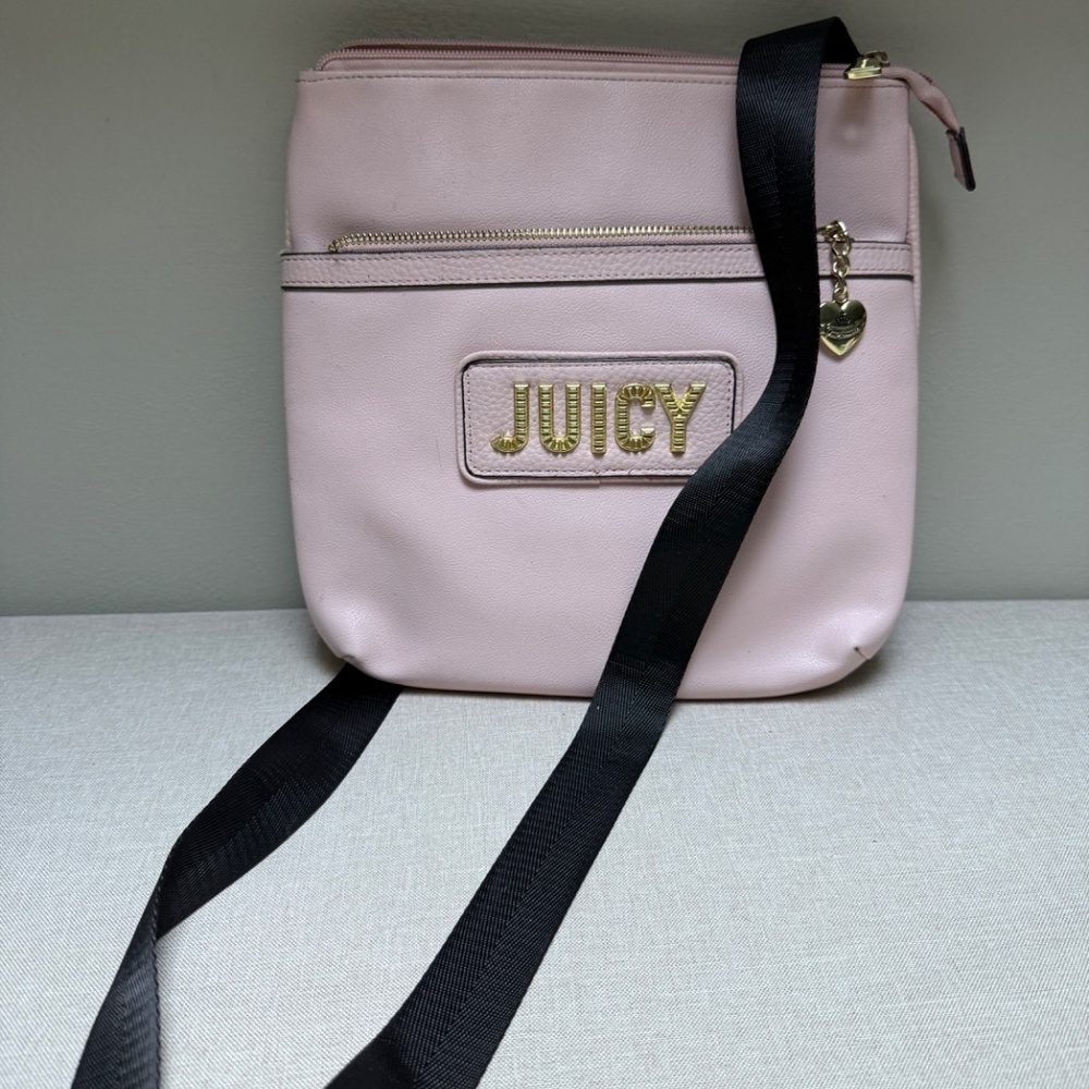 Juicy Couture Crossbody Purse Pink Black Faux Leather Logo Strap Messenger - Picture 5 of 14